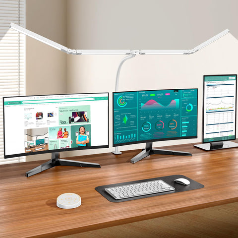 Pzloz LED desk lamp with clamp delivers four-head versatility for home office tasks.