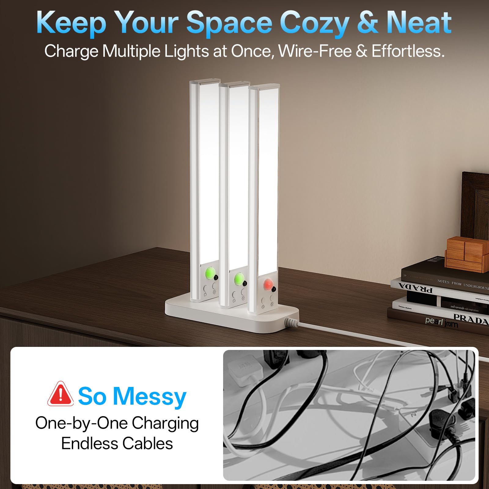 PZSUNLY rechargeable under-cabinet light keeps cords tidy and ready.