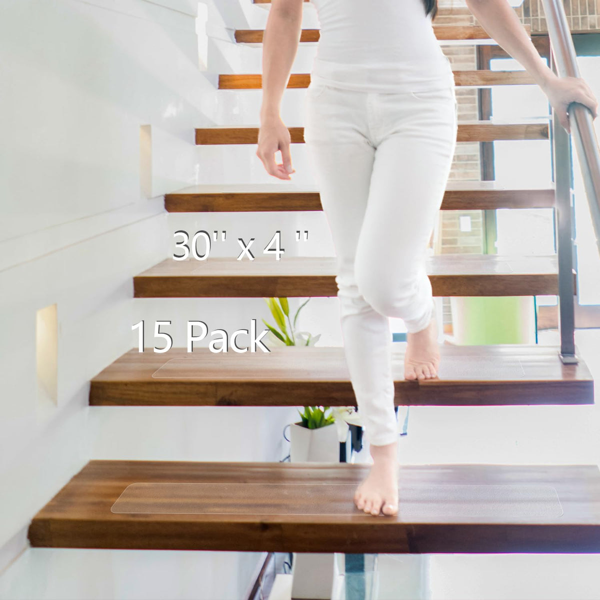 Q-Hillstar Clear Non Slip Stair Treads on wood steps provide discreet traction for family safety