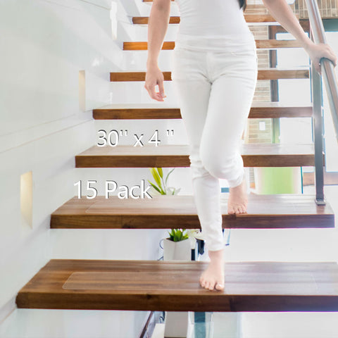 Q-Hillstar Clear Non Slip Stair Treads on wood steps provide discreet traction for family safety