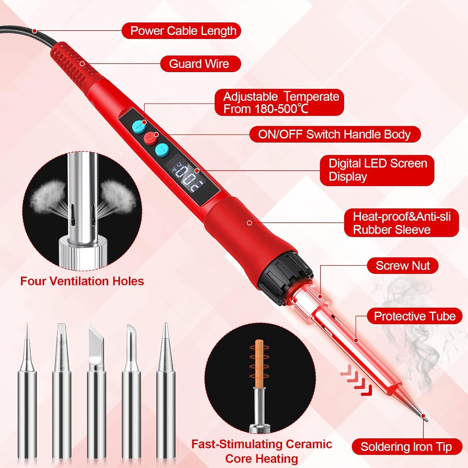 Q-MING Soldering Iron Kit with ceramic heater enabling rapid heat up.