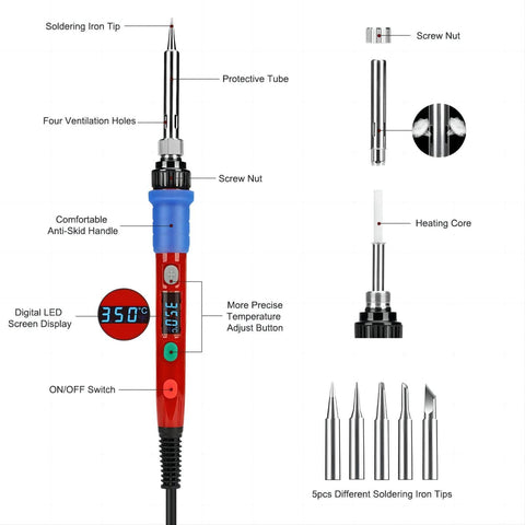 Includes stand, sponge, solder wire, rosin flux, and extra tips for immediate use.