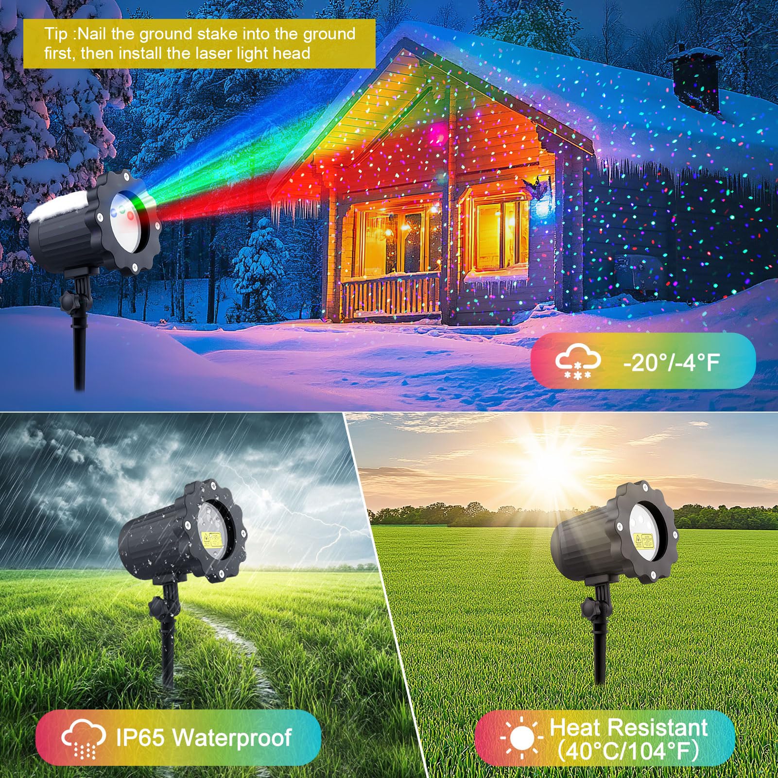 Qardoz laser projector supports ground stake, base, or wall mount installation