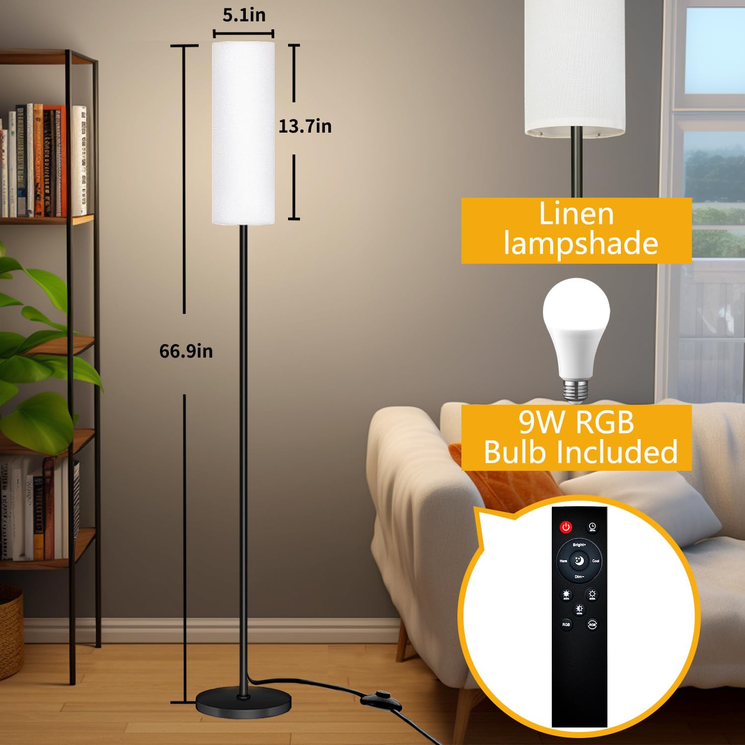 Qaubauyt 67-inch tall floor lamp providing tall, even illumination beside the sofa