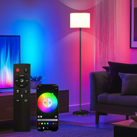 Qaubauyt smart LED floor lamp with app control for ambient lighting in living spaces.
