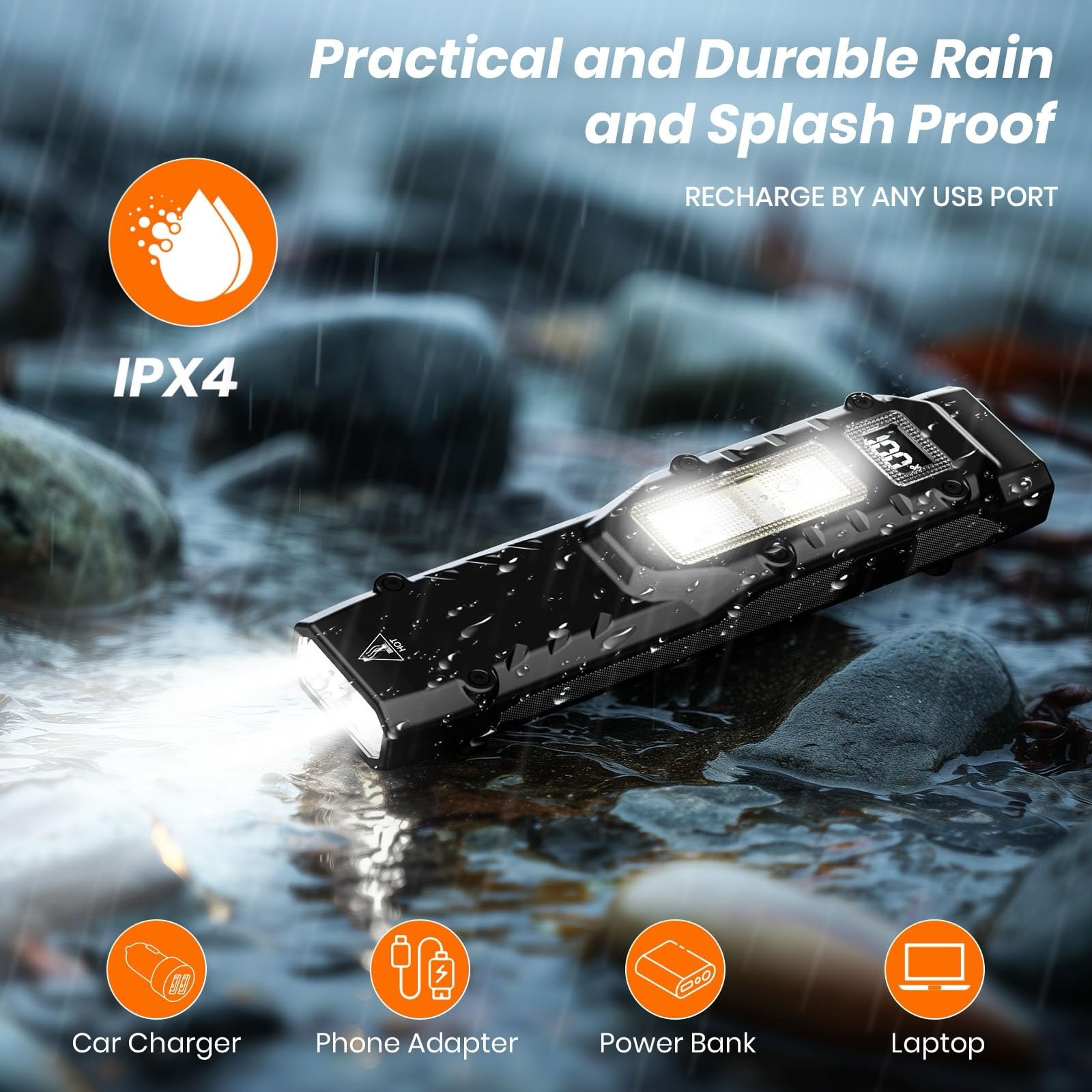 Qayacir EDC rugged IPX4 design withstands rain and splashes.