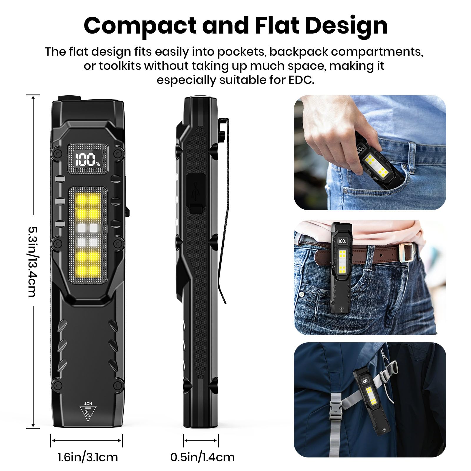 Qayacir EDC flashlight side light highlights perimeter with white, red, UV modes.