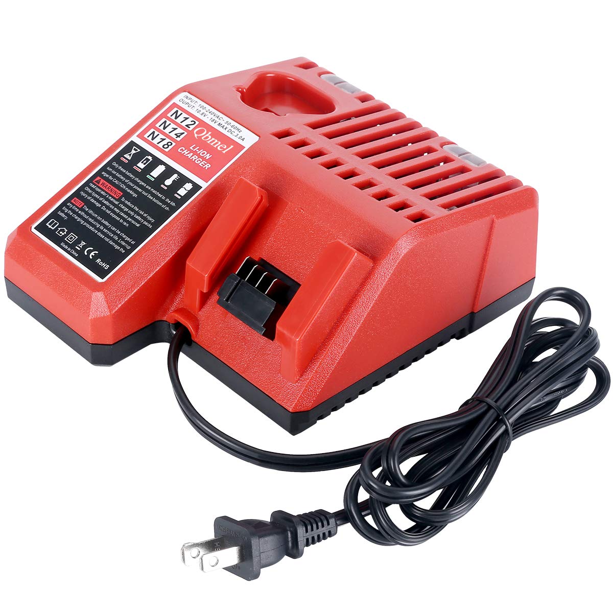Qbmel 12V-18V charger front view showing compact design for rapid Li-ion charging.