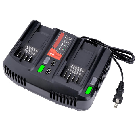 QBmel CMCB124 dual-port charger front view for quick two-battery charging