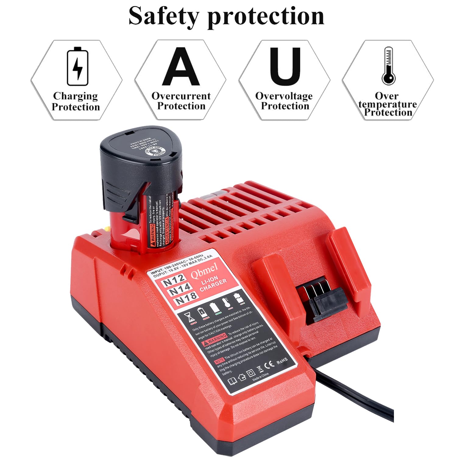 Qbmel Li-Ion charger demonstrates fast charging capability with compatible batteries.