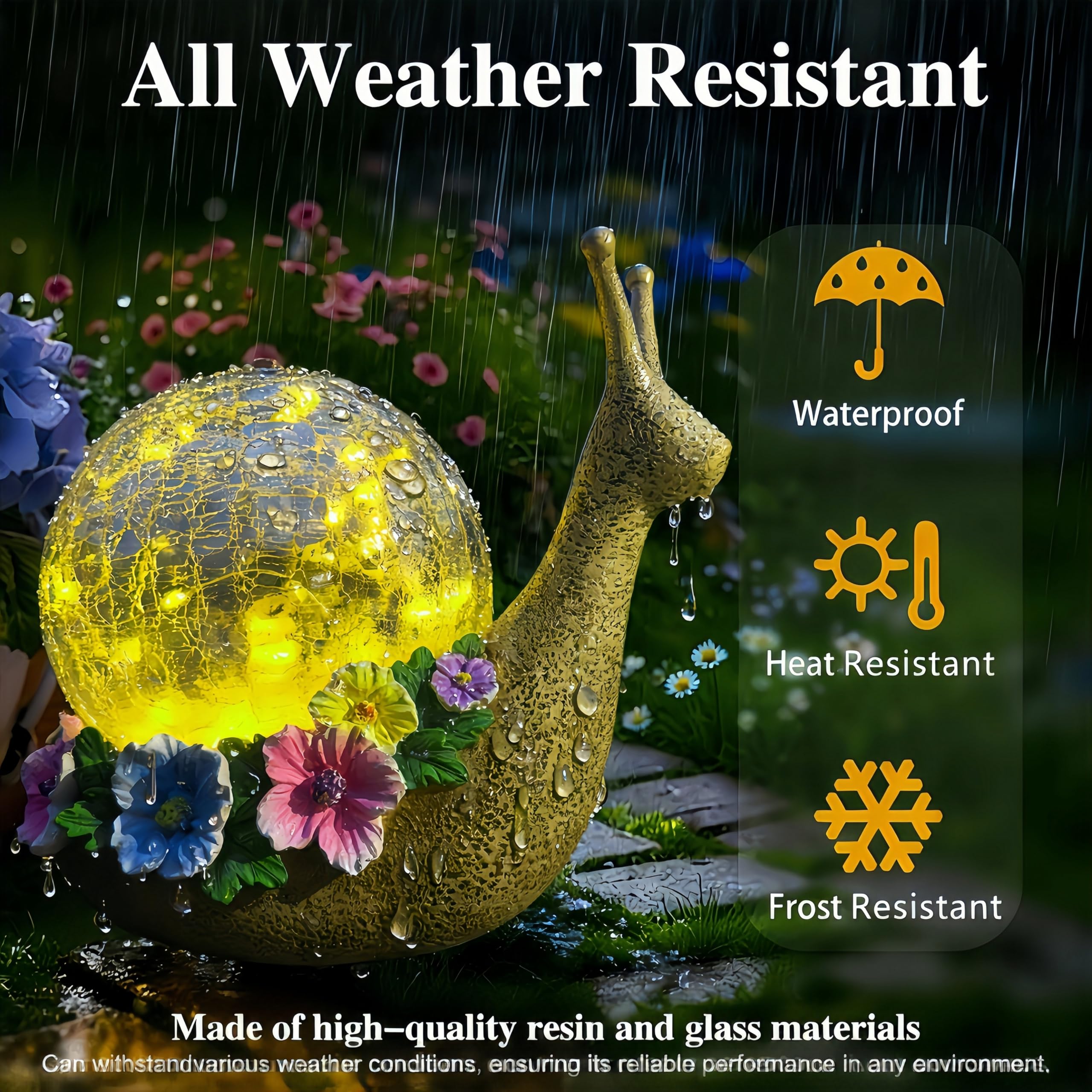 QCF outdoor garden snail lamp brightens patios after sunset.