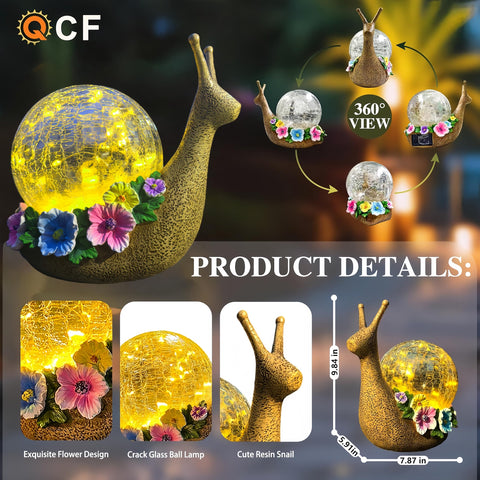 QCF resin-textured snail figure withstands rain for outdoor use.