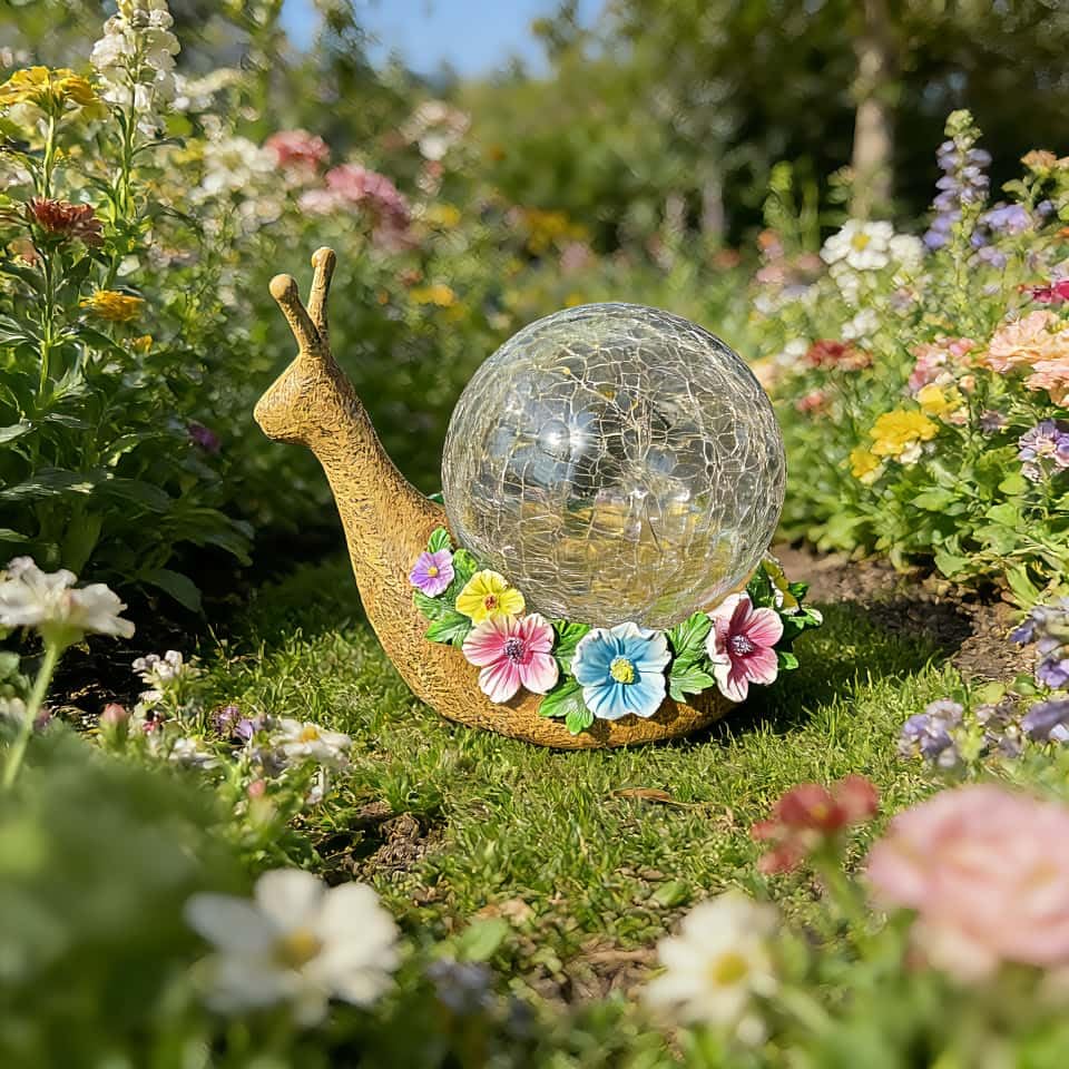 QCF snail statue with cracked glass shell adds decorative glow.