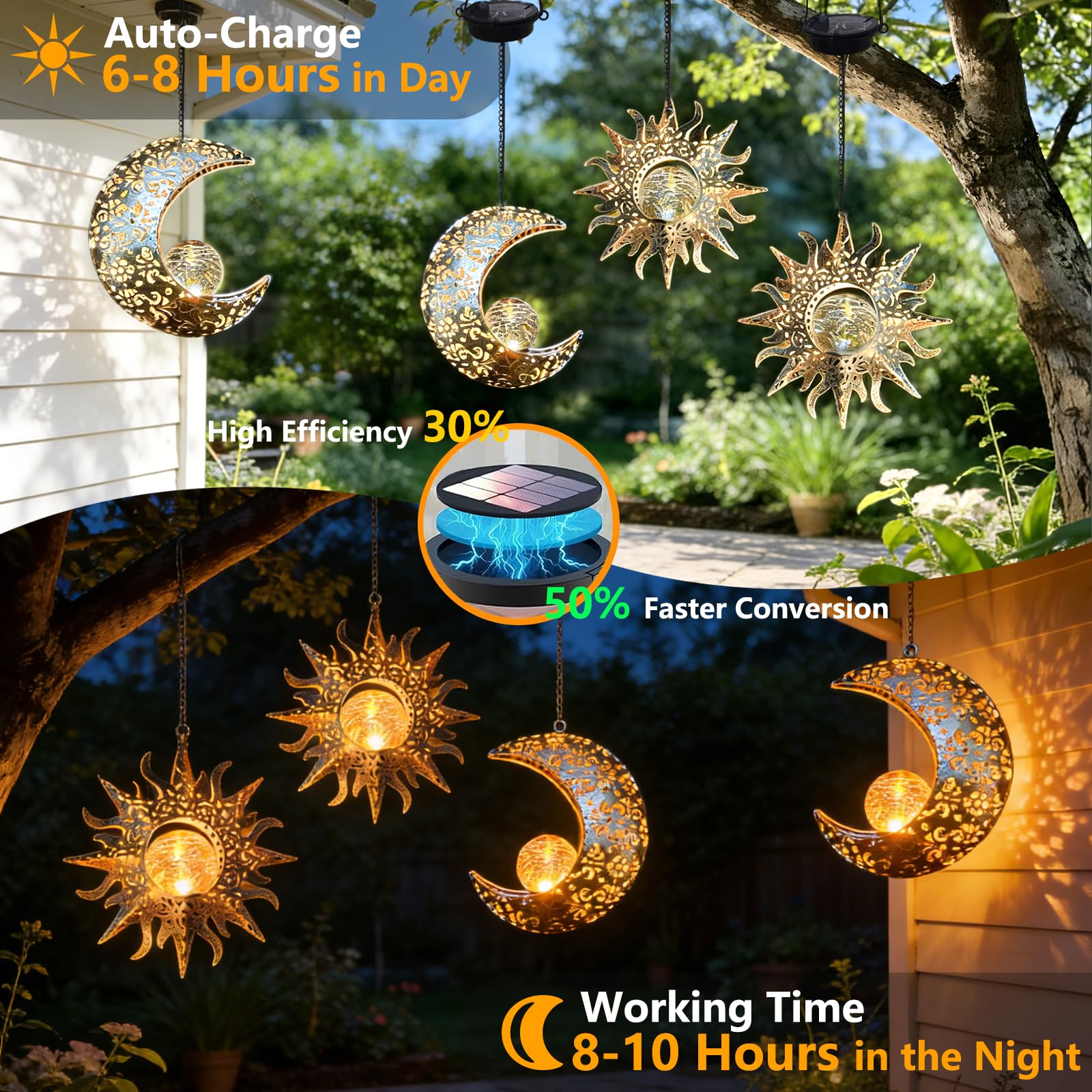 QCF hanging solar lights withstand rain and frost for all seasons.