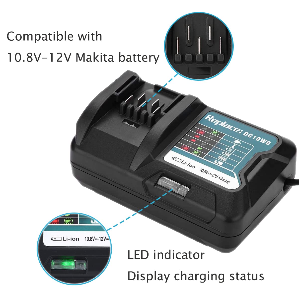 QCZRED DC10WD charger side view featuring US plug for portability