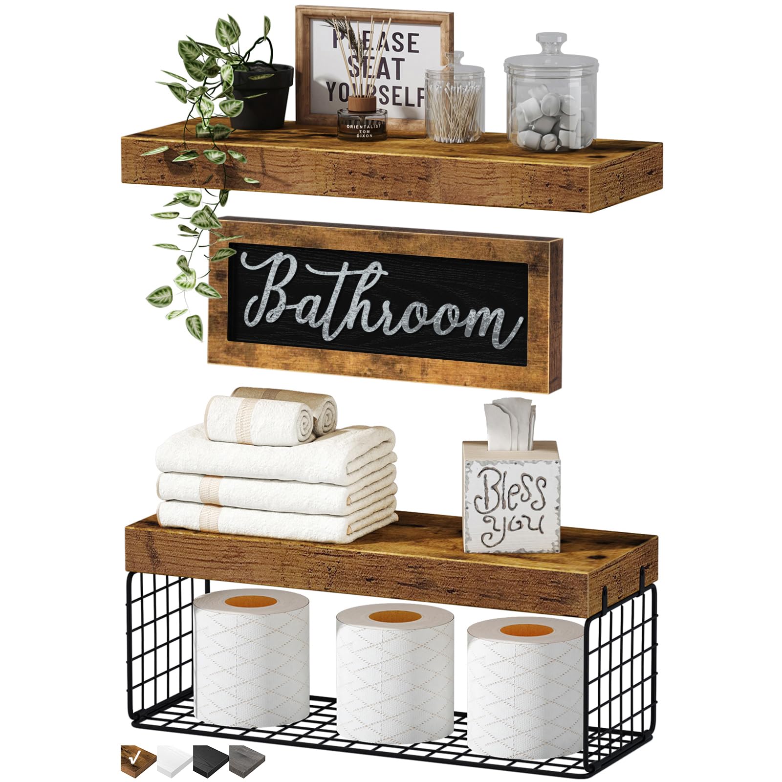 QEEIG over-toilet shelves in rustic brown provide space-saving bathroom storage.