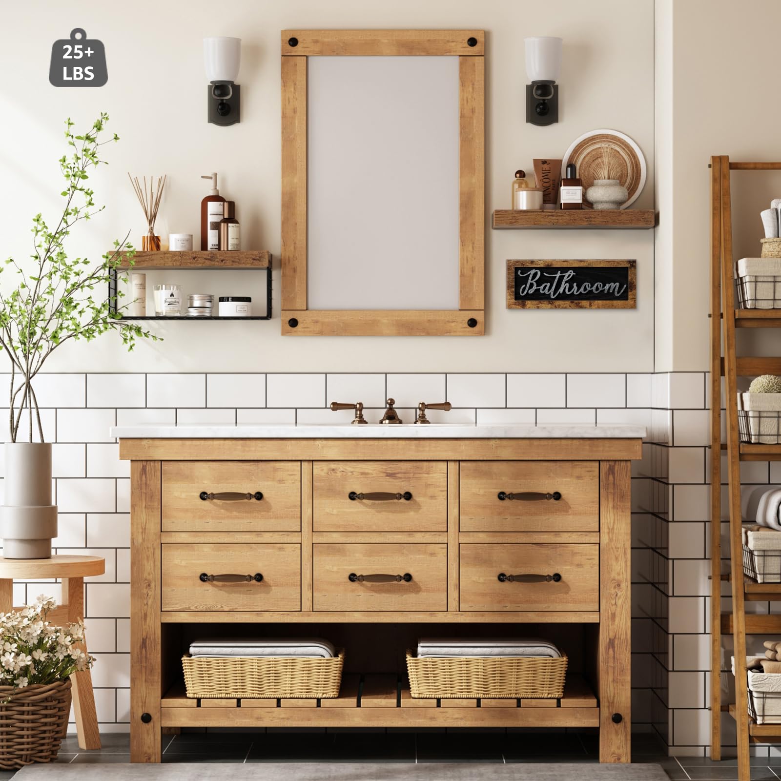 QEEIG decorative sign and shelves enhance bathroom decor while reducing clutter.