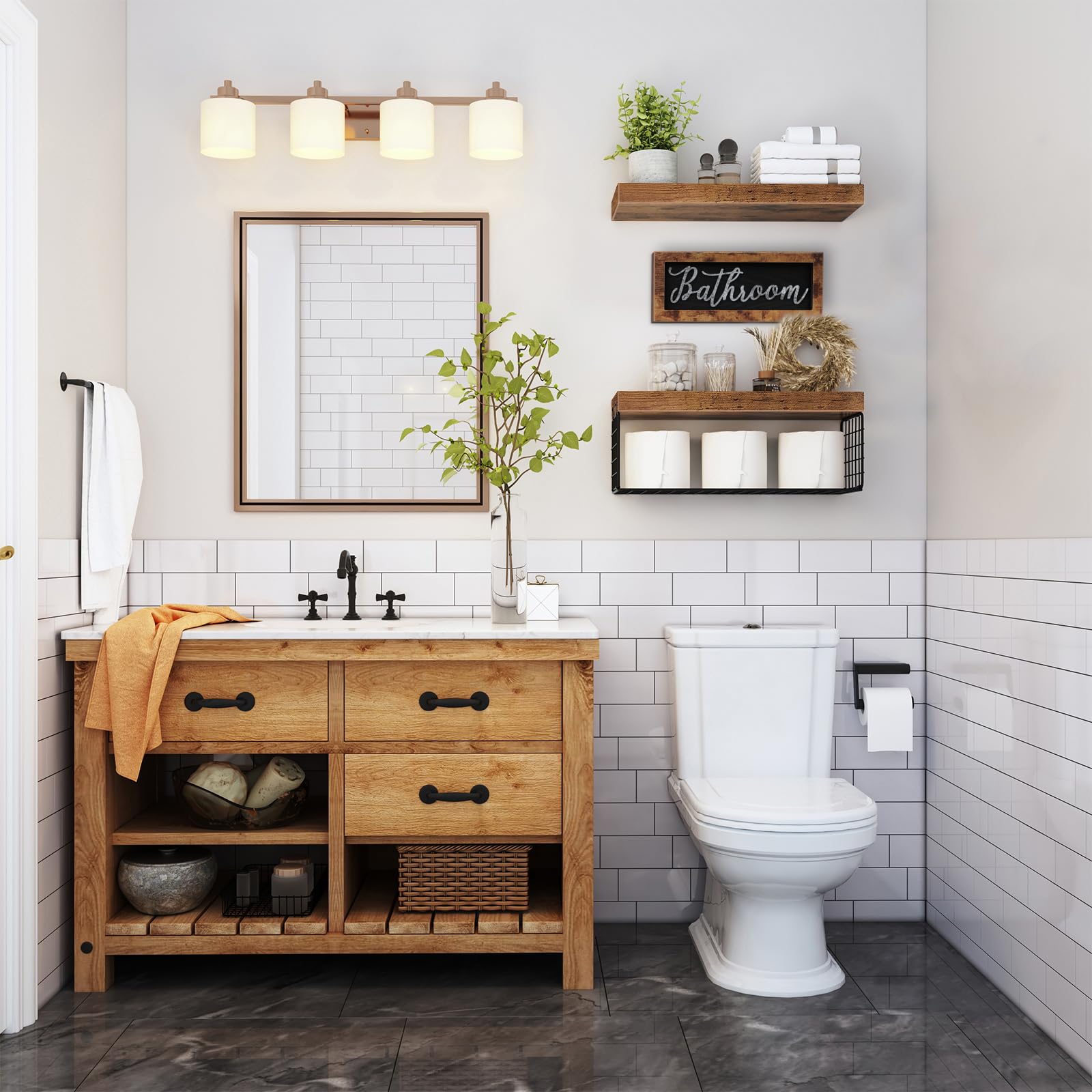 QEEIG wall-mounted bathroom shelves offer farmhouse charm and practical display.