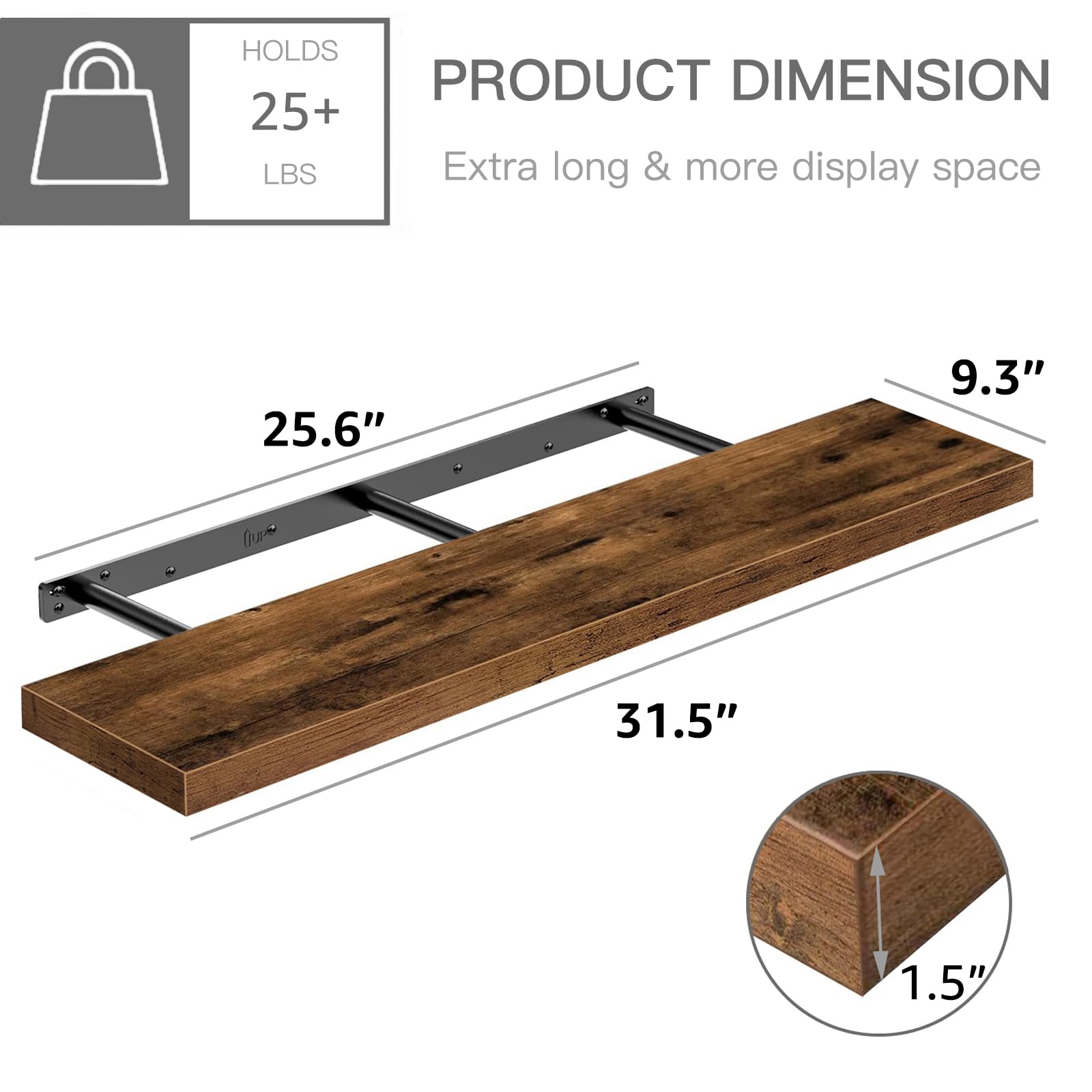 QEEIG shelf with three brackets close-up highlights sturdy, sag-free support.