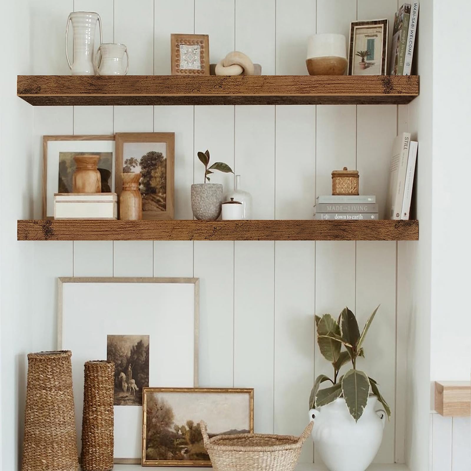QEEIG wall-mounted shelves side view showing slim profile and rustic tone.