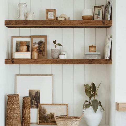 QEEIG wall-mounted shelves side view showing slim profile and rustic tone.
