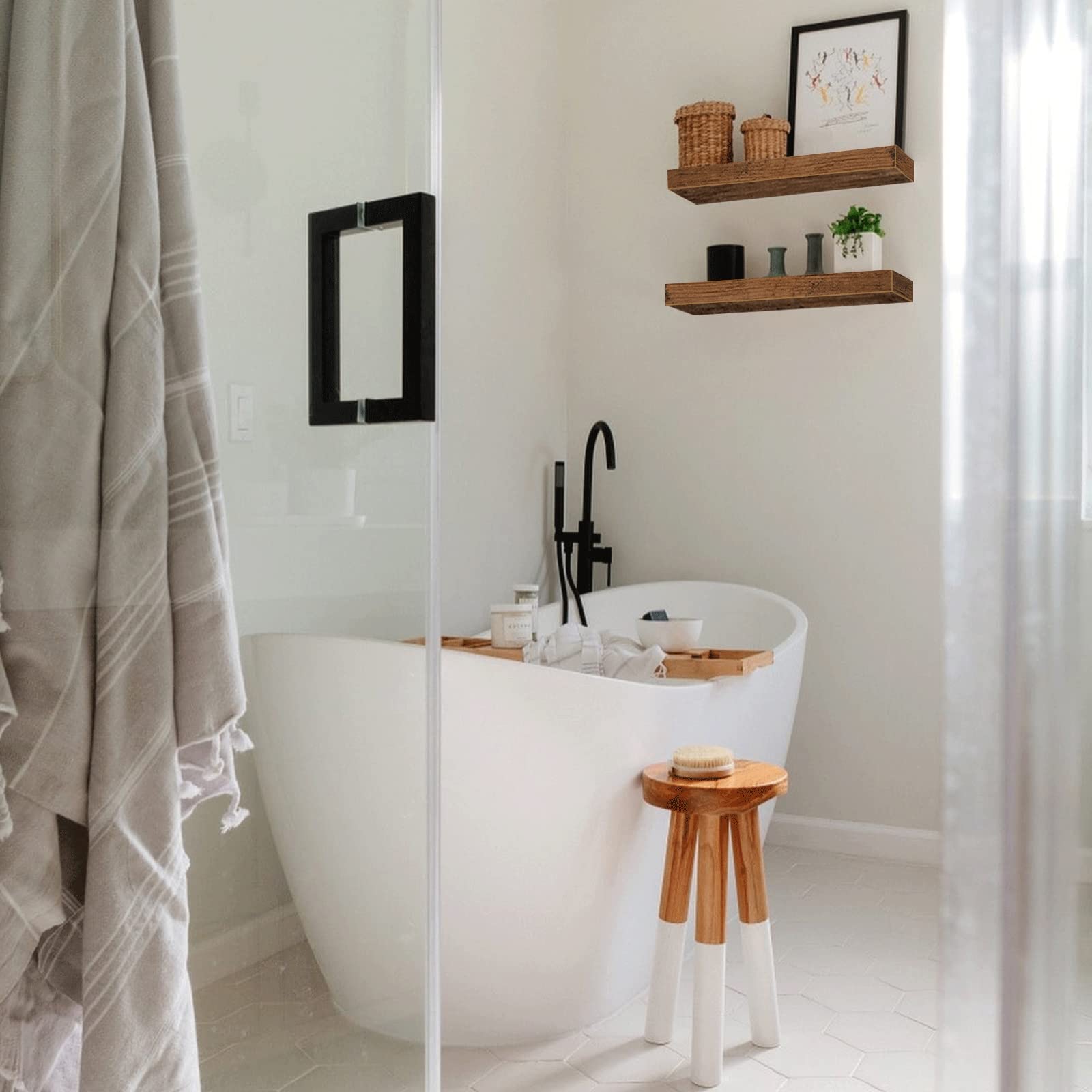 QEEIG invisible brackets create farmhouse charm in bathroom area.