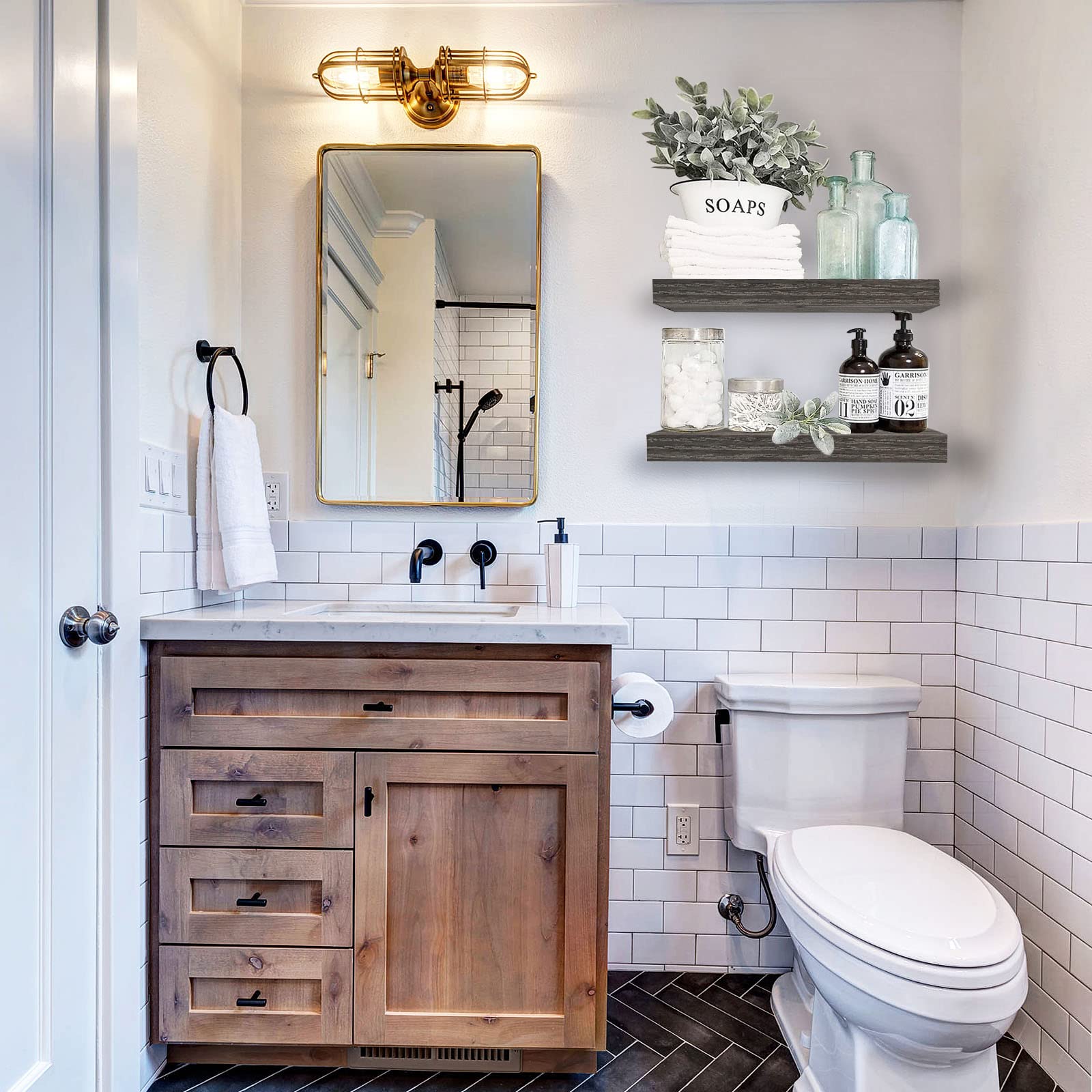 QEEIG over-toilet shelf installation showing dual-shelf arrangement for towels and decor