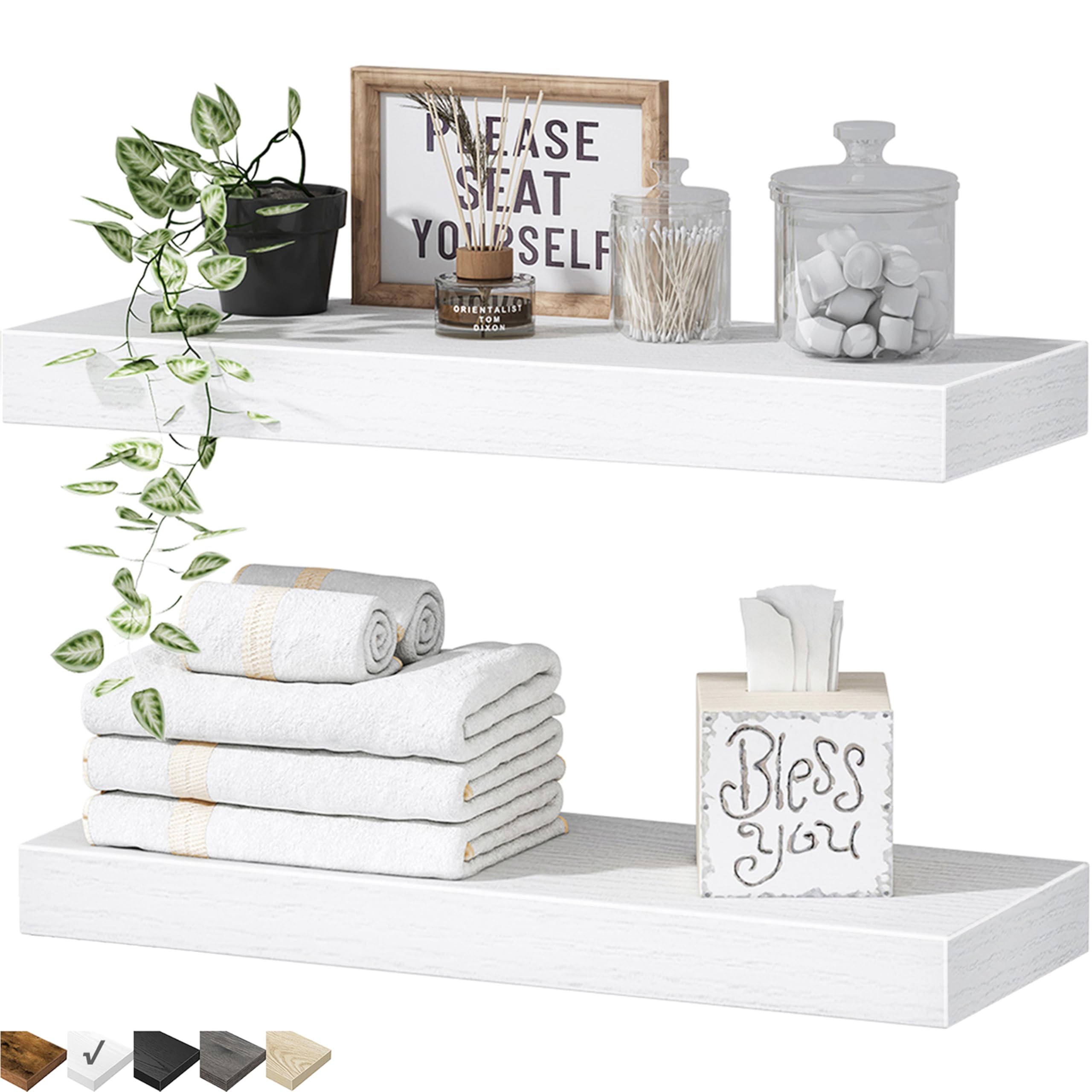 QEEIG bathroom floating shelves over toilet packaging and components for quick setup.
