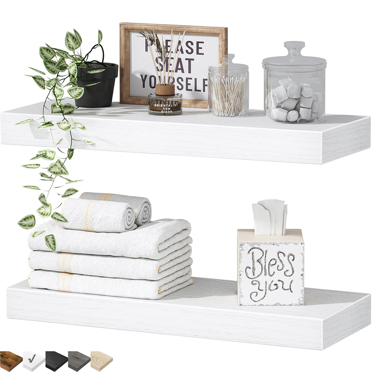 QEEIG bathroom floating shelves over toilet packaging and components for quick setup.