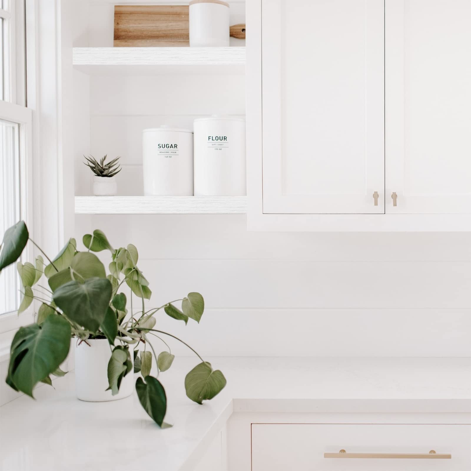 QEEIG white finish shelves brighten small spaces with organized storage.
