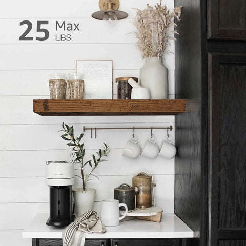 QEEIG rustic brown finish shelf adds farmhouse charm to bathroom.