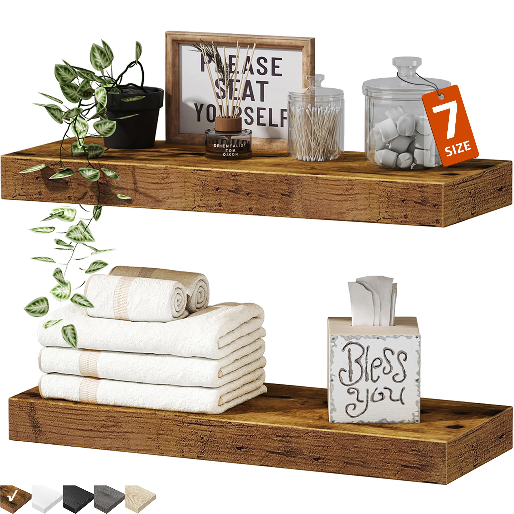 QEEIG bathroom floating shelves above toilet displaying towels and decor.