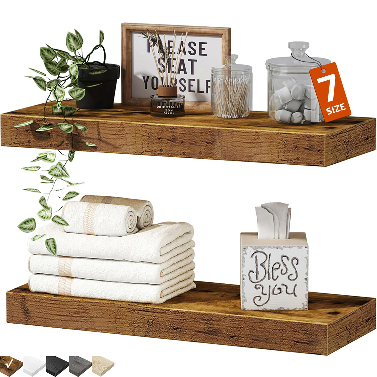 QEEIG bathroom floating shelves above toilet displaying towels and decor.