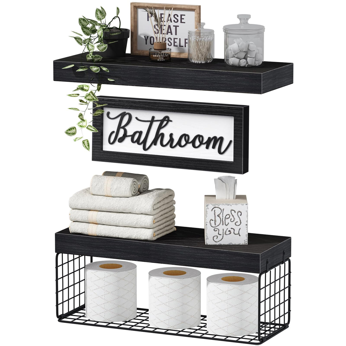 QEEIG 2-shelf black bathroom unit adds space-saving storage with farmhouse charm.