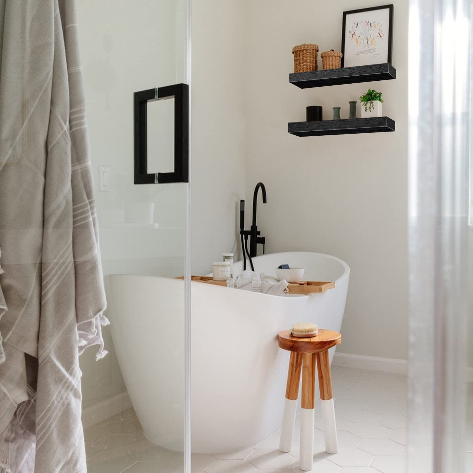 QEEIG black finish wall shelves elevate farmhouse style above the toilet.