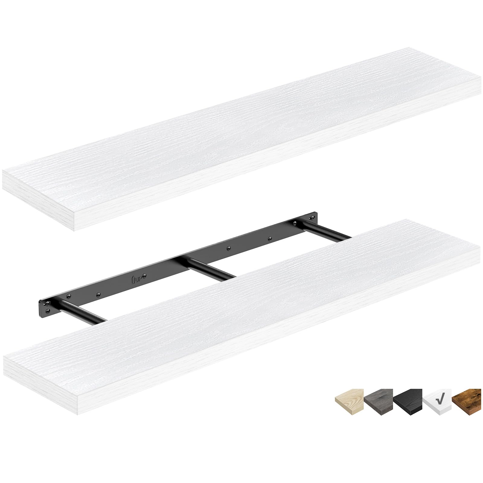 QEEIG floating shelves on a white wall with a long display space for books and decor.