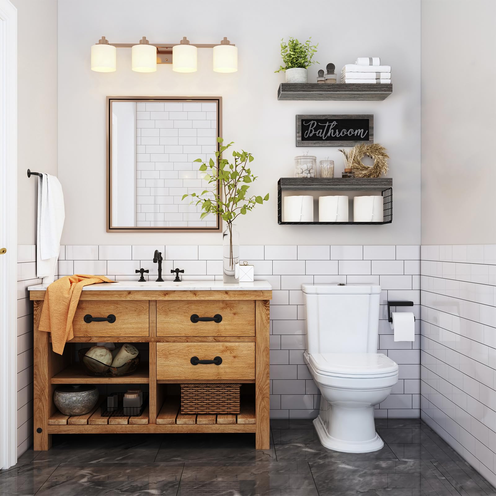 QEEIG floating shelves grey finish front view provides accessible spaces for toiletries