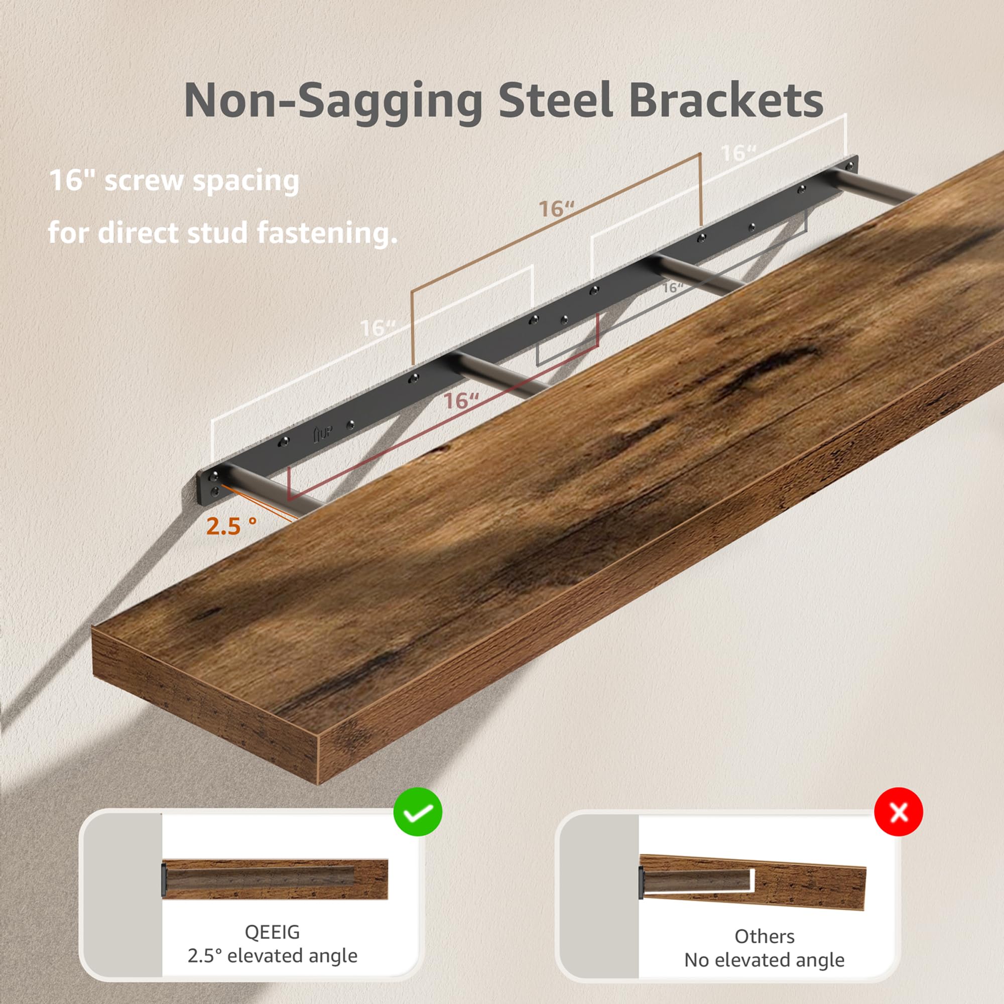 Mounted above a desk, QEEIG shelves help declutter with stylish storage.