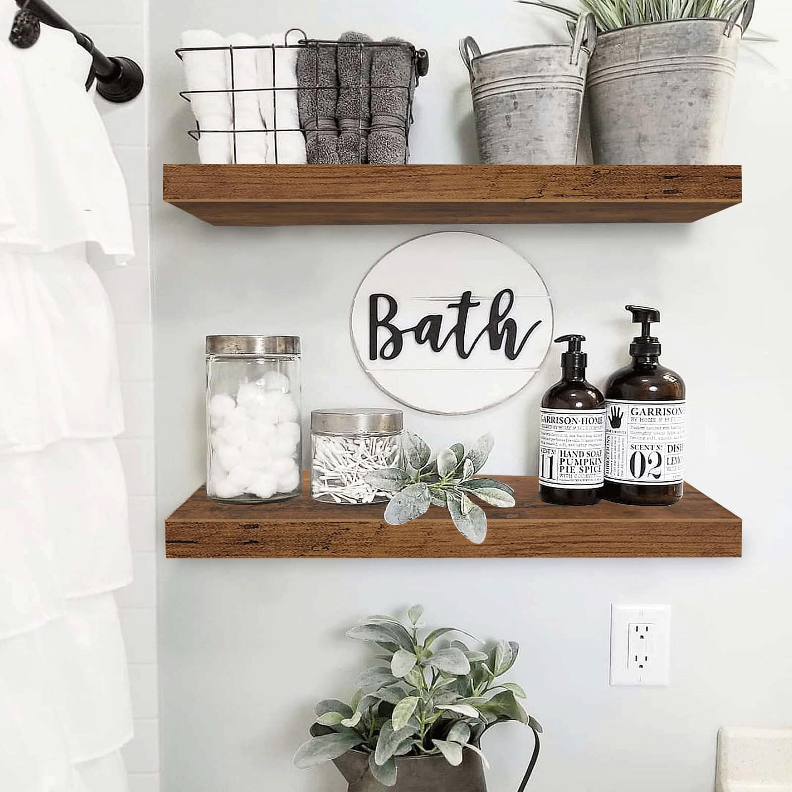 QEEIG rustic brown finish shelves with invisible brackets bring farmhouse charm and steadiness