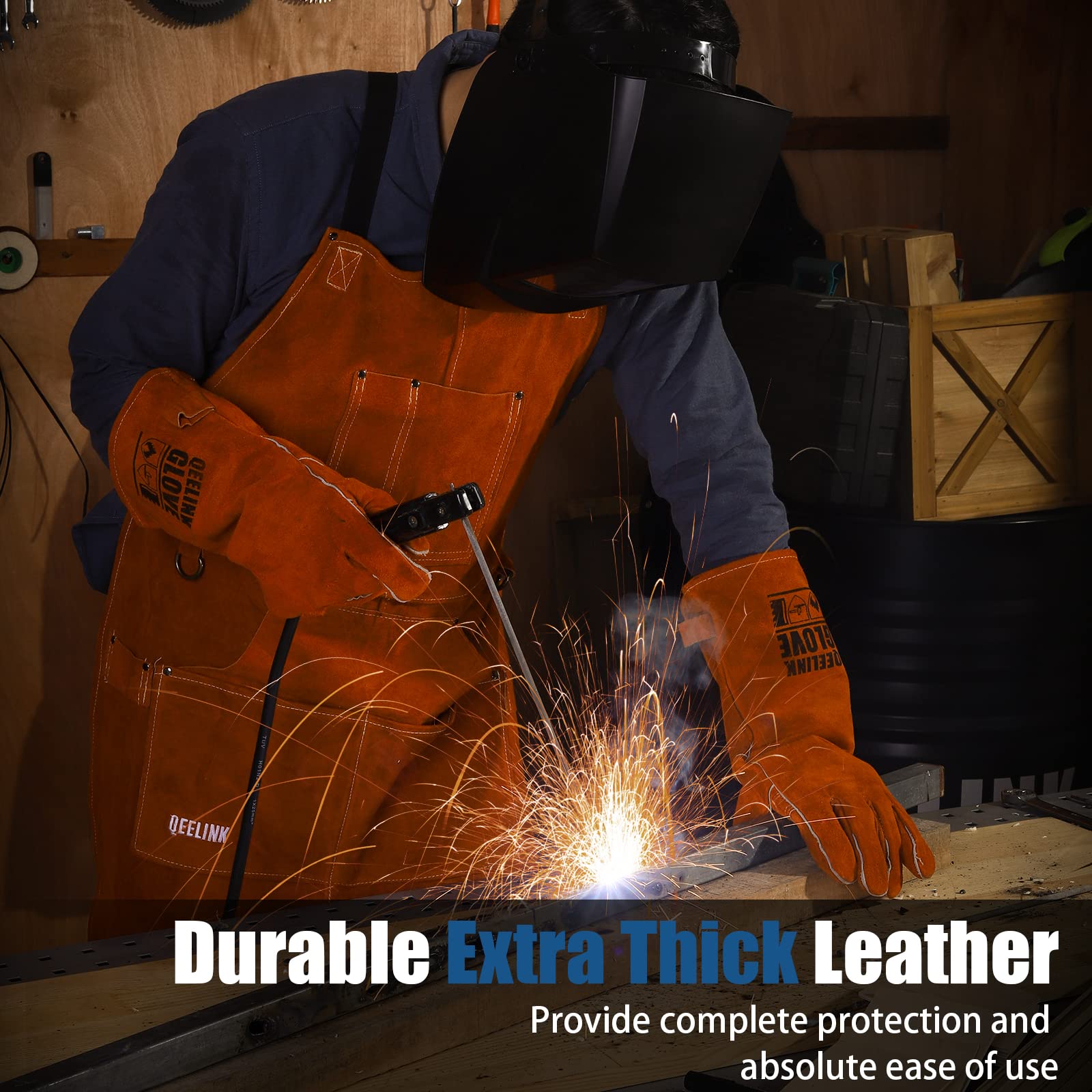 QeeLink brown leather apron suitable for workshop, grilling, and DIY projects.