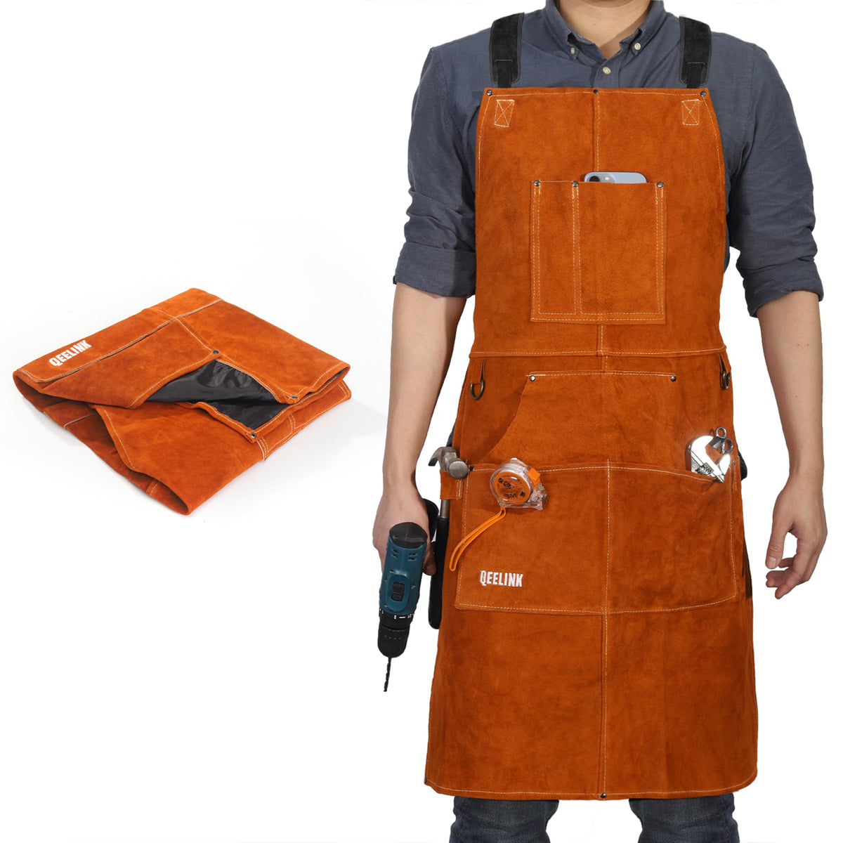 QeeLink leather welding apron with full coverage protects clothing during heavy-duty tasks.