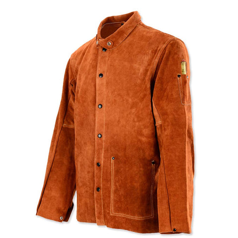 QeeLink Leather Welding Jacket front view shows full coverage protection from sparks and heat