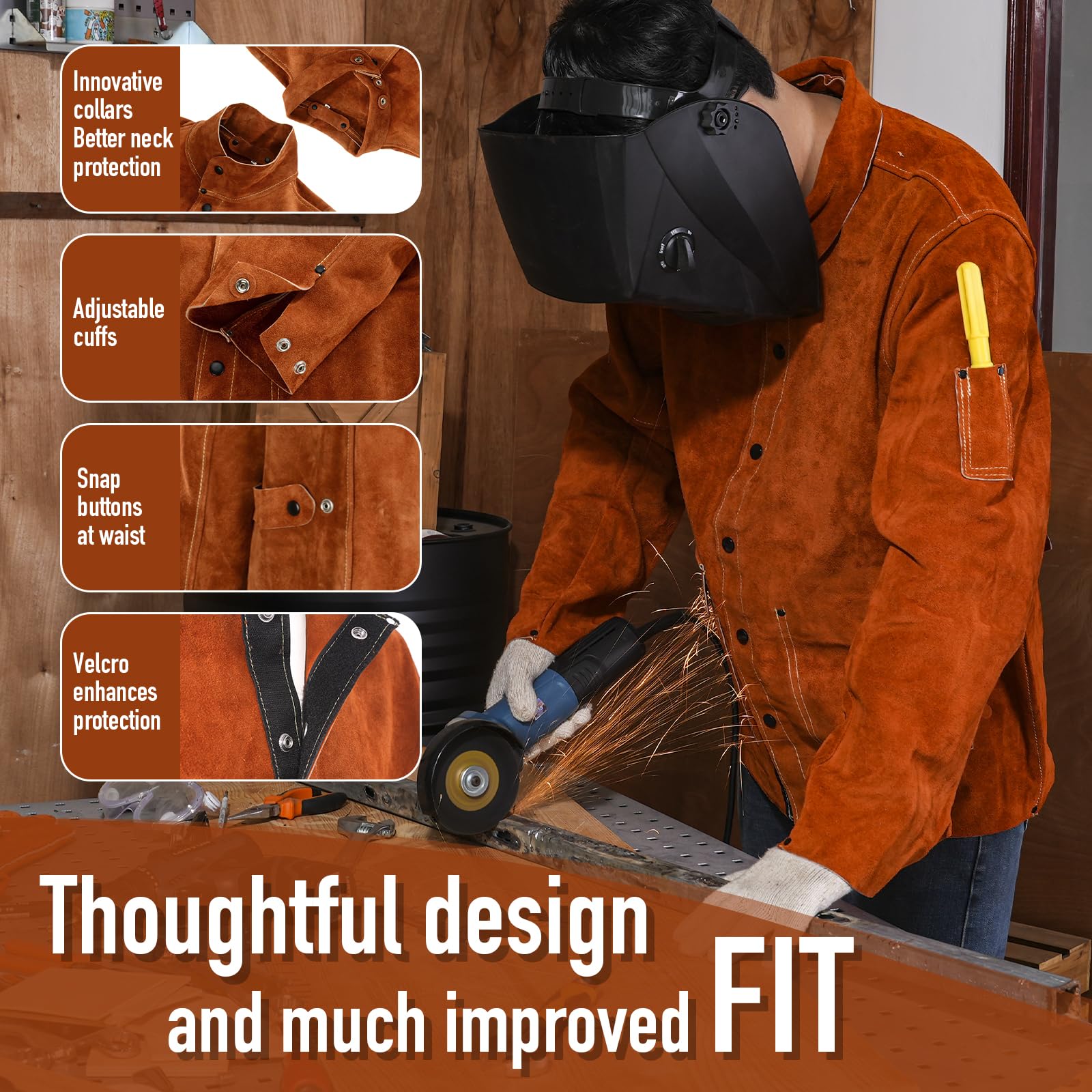 QeeLink Leather Welding Jacket inside pocket keeps tools within reach during work