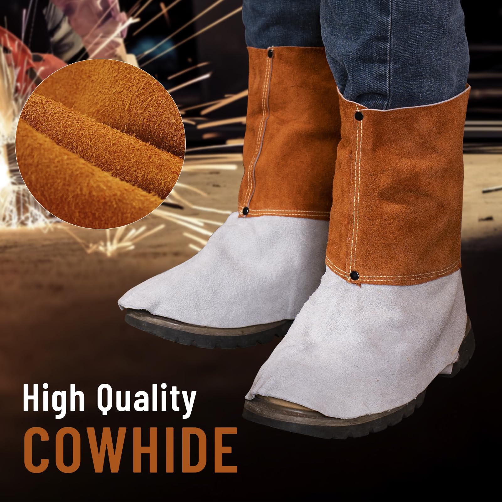 Close-up of thick cowhide leather showing durability and flame resistance