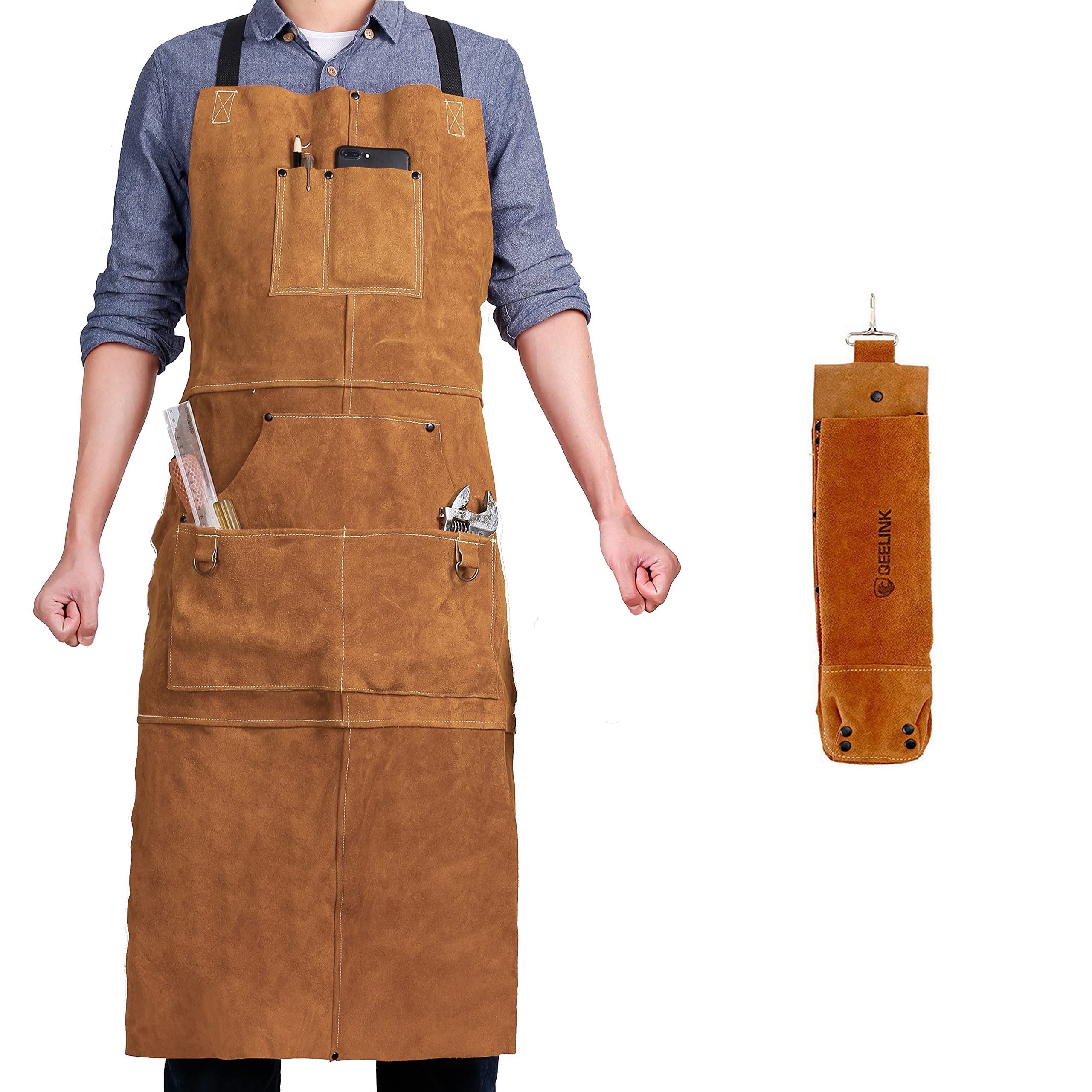 QeeLink Leather Workshop Apron front view showing knee-length protection and rugged leather.