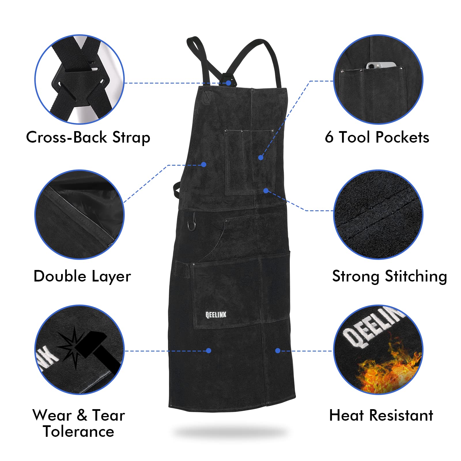 QeeLink apron stitching detail shows Kevlar thread for durability.