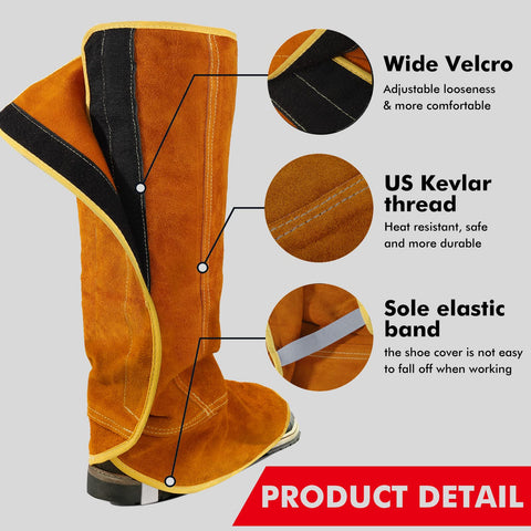 Durable split cowhide welding spats resist flame and spatter