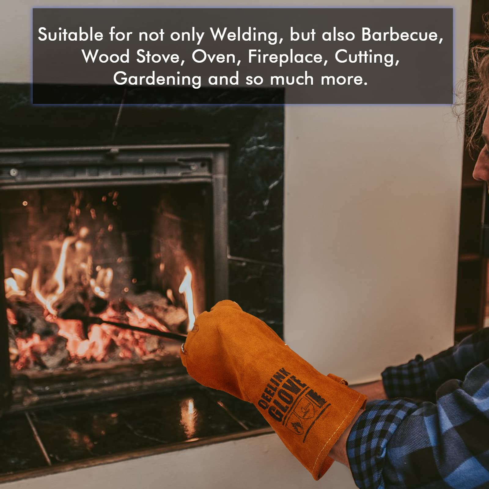 QeeLink 14-inch brown welding gloves protect hands during welding tasks.