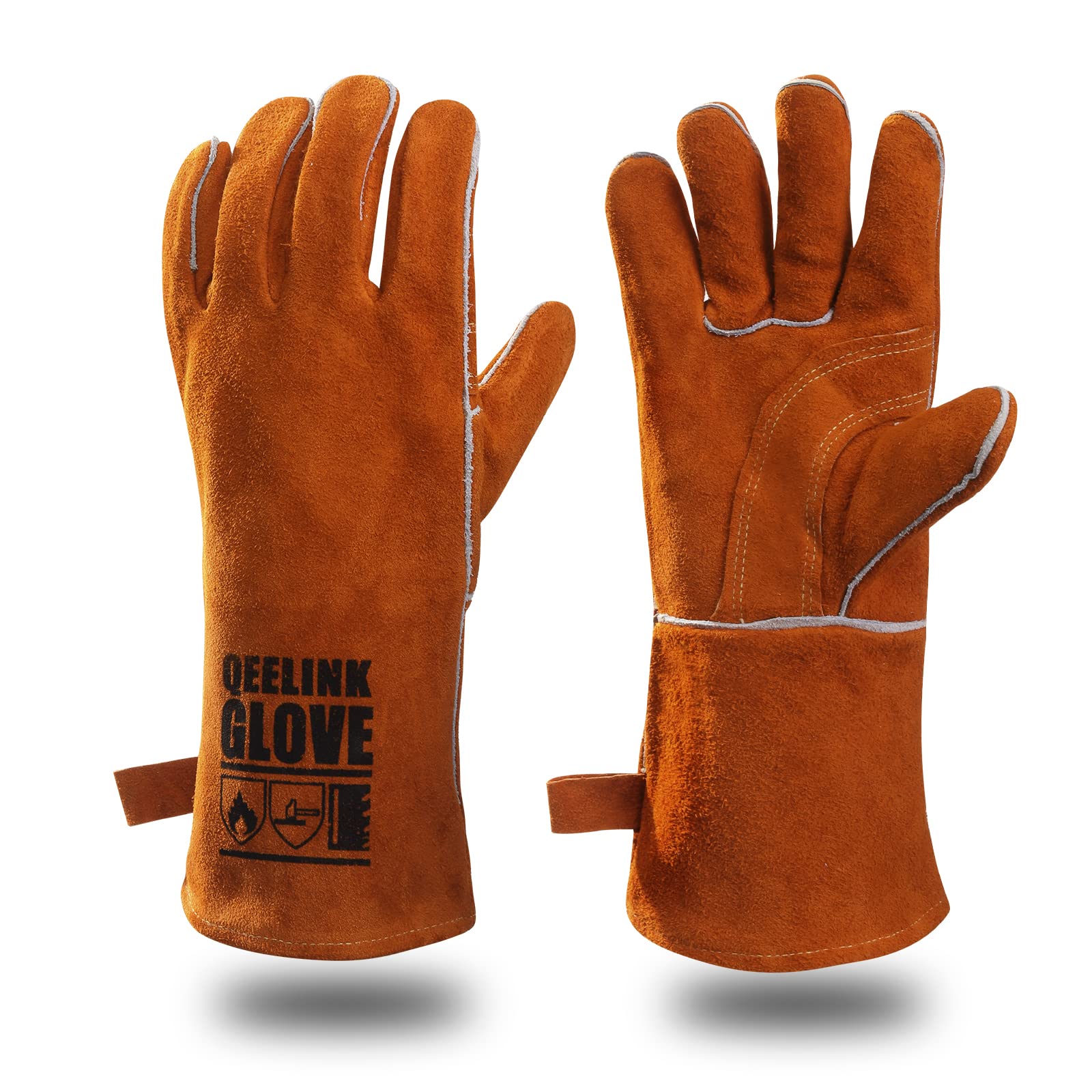 QeeLink welding gloves with heat-resistant leather for welding and metalwork.