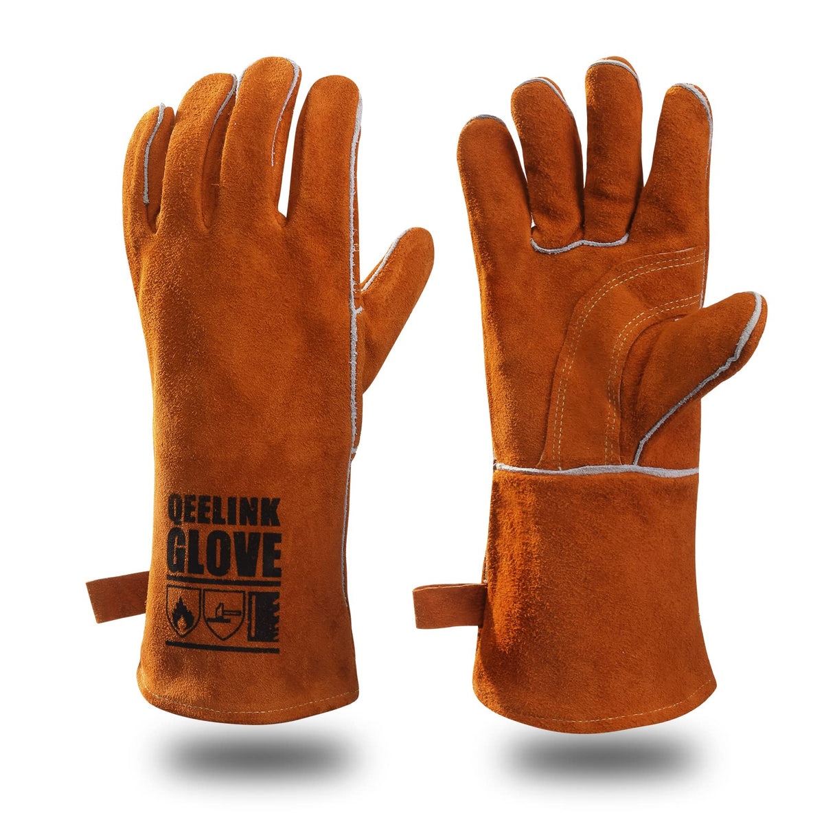 QeeLink welding gloves with heat-resistant leather for welding and metalwork.